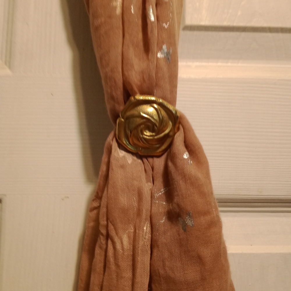 Elegant Gold and Tan Scarf with Brooch